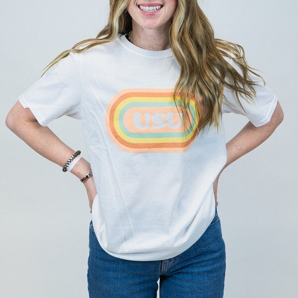 utah state multicolor oval graphic tee